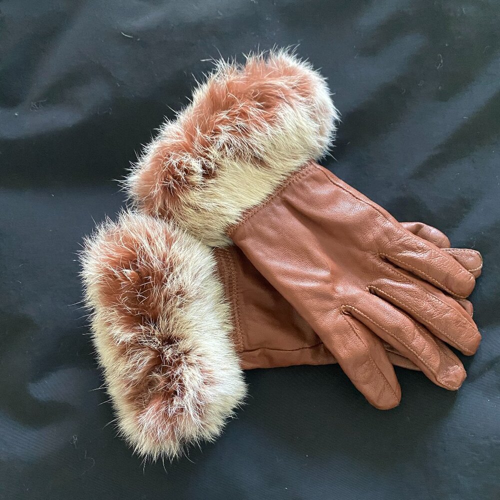 Cognac Brown Leather Gloves with faux fur